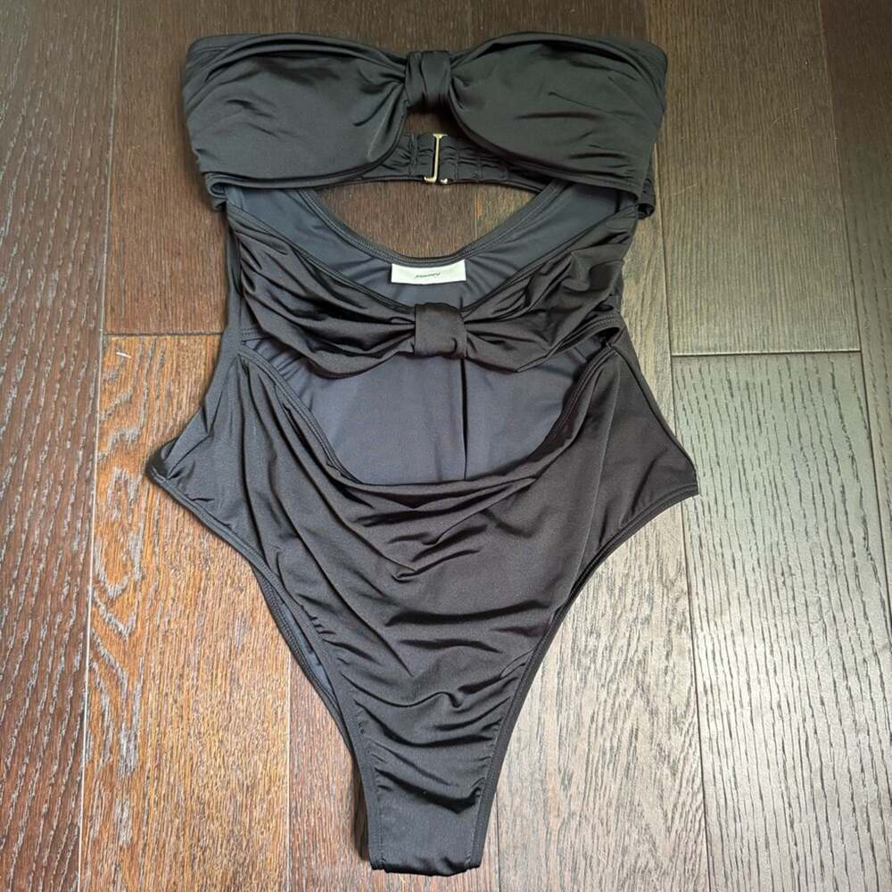Peony Noir (Black) Ruched Holiday One Piece Swimsuit - Size Large